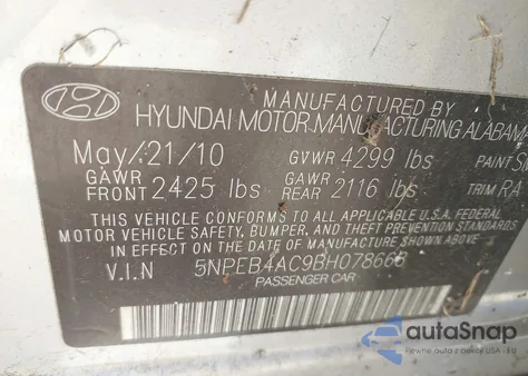 2011 Hyundai Sonata Gls z USA, uszkodzony, nr VIN 5NPEB4AC9BH078668